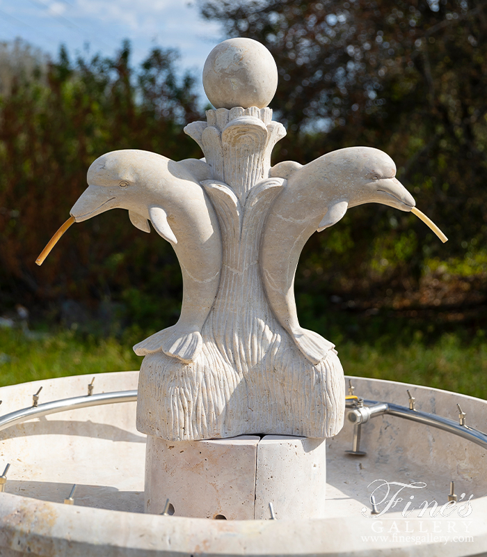 Marble Fountains  - Dolphin Themed Fountain In Hand Carved Light Travertine - MF-2192